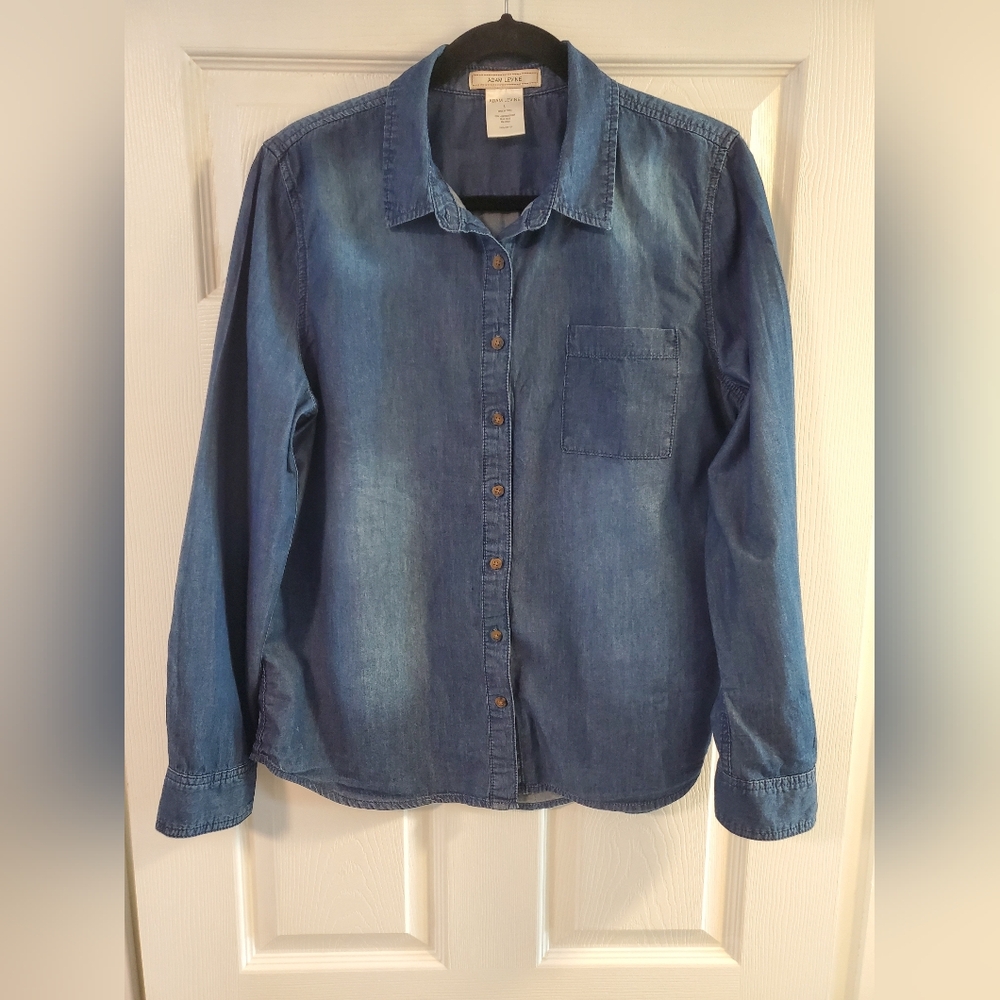 Blue Denim Button Down Shirt Cotton Large